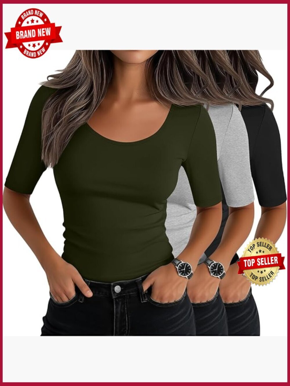 Women's 3 Pack Scoop Neck Half Sleeve Slim Fit Stretchy Basic Tees T-Shirts